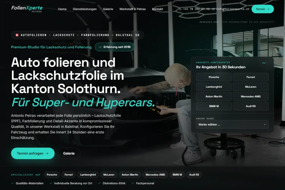 Website von FolienXperte mit Fahrzeugfolierung, Lackschutz und Angebots-Konfigurator