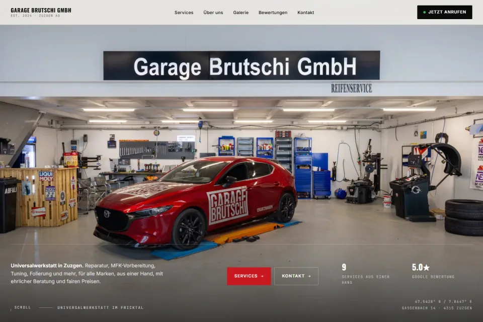 Website der Garage Brutschi mit Werkstattleistungen und Kontakt