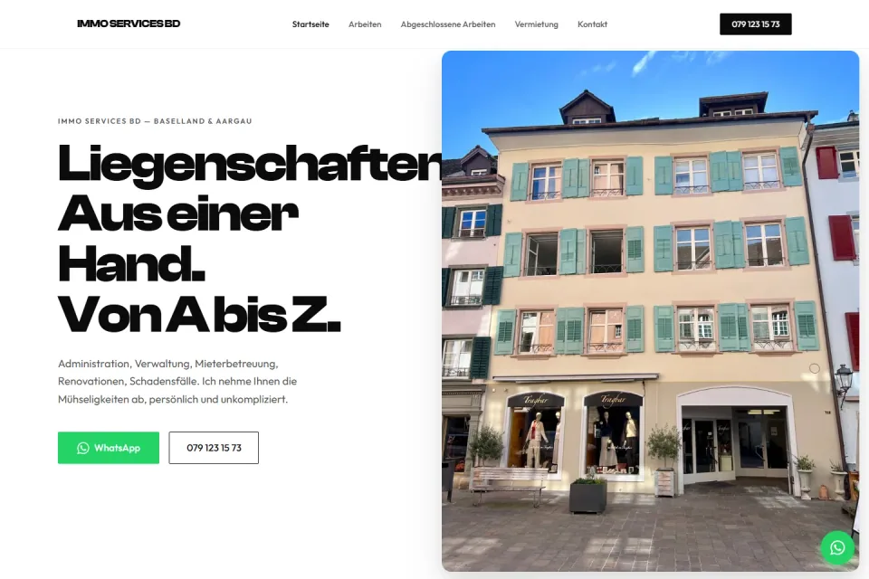 Website von Immo Services BD mit Liegenschaftsverwaltung und Renovationsprojekten