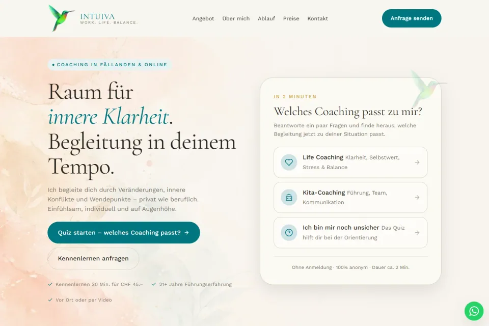 Website von Intuiva Coaching mit Life-Coaching und Kita-Coaching