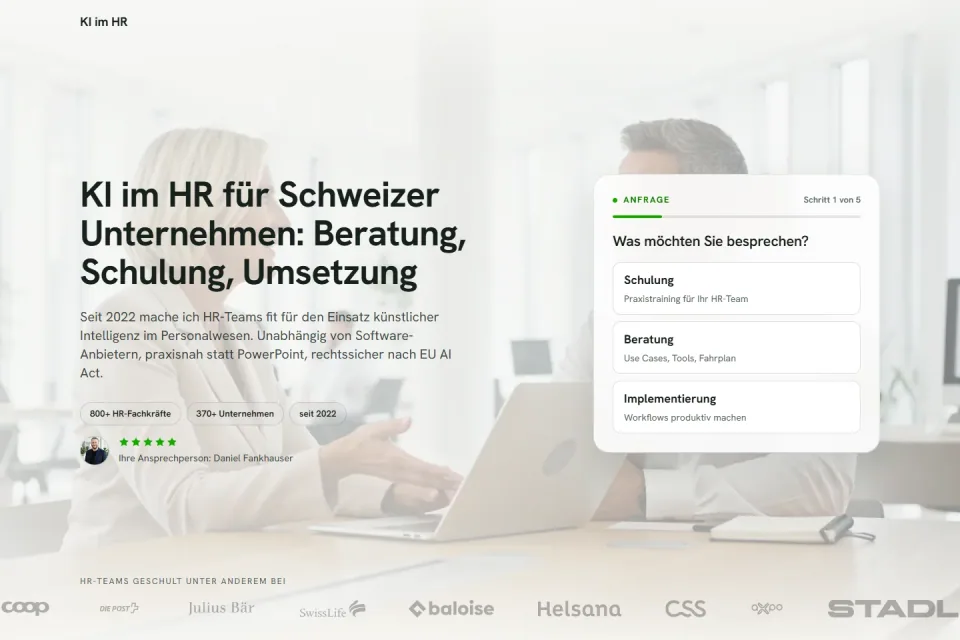 Website von KI im HR mit Beratungsangeboten, Schulungen und Projektanfrage